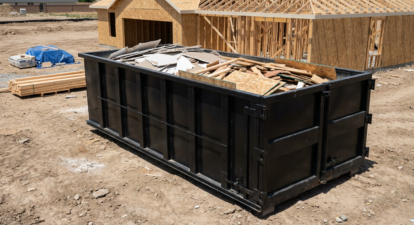 Matte-black 30-yard roll-off construction dumpster sitting directly on the compacted-dirt site of a framed single-family home build in Syracuse, drywall and lumber scrap loaded inside.