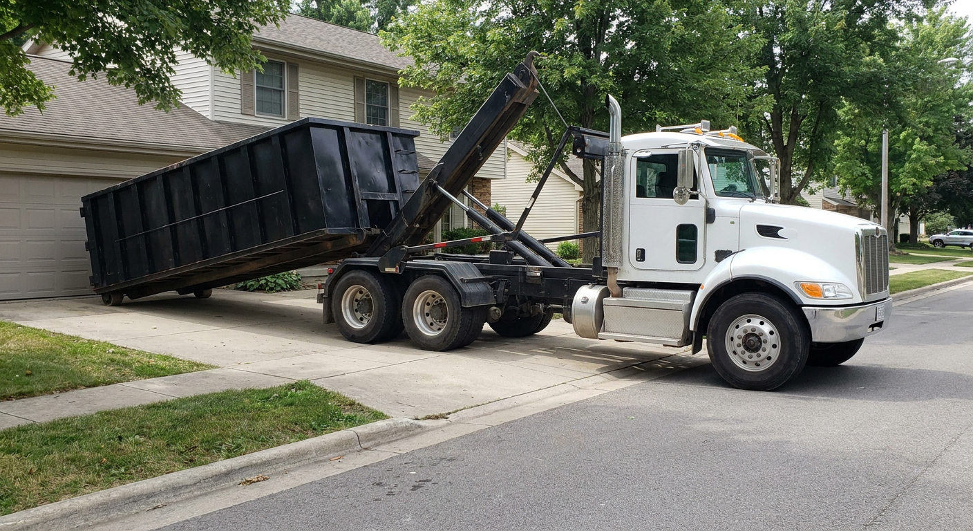 White-cab hooklift roll-off truck actively lowering a matte-black dumpster onto a Syracuse residential concrete driveway, the dumpster's rear wheels touching the driveway as the hoist arm tilts the bed forward, mid-morning daylight.