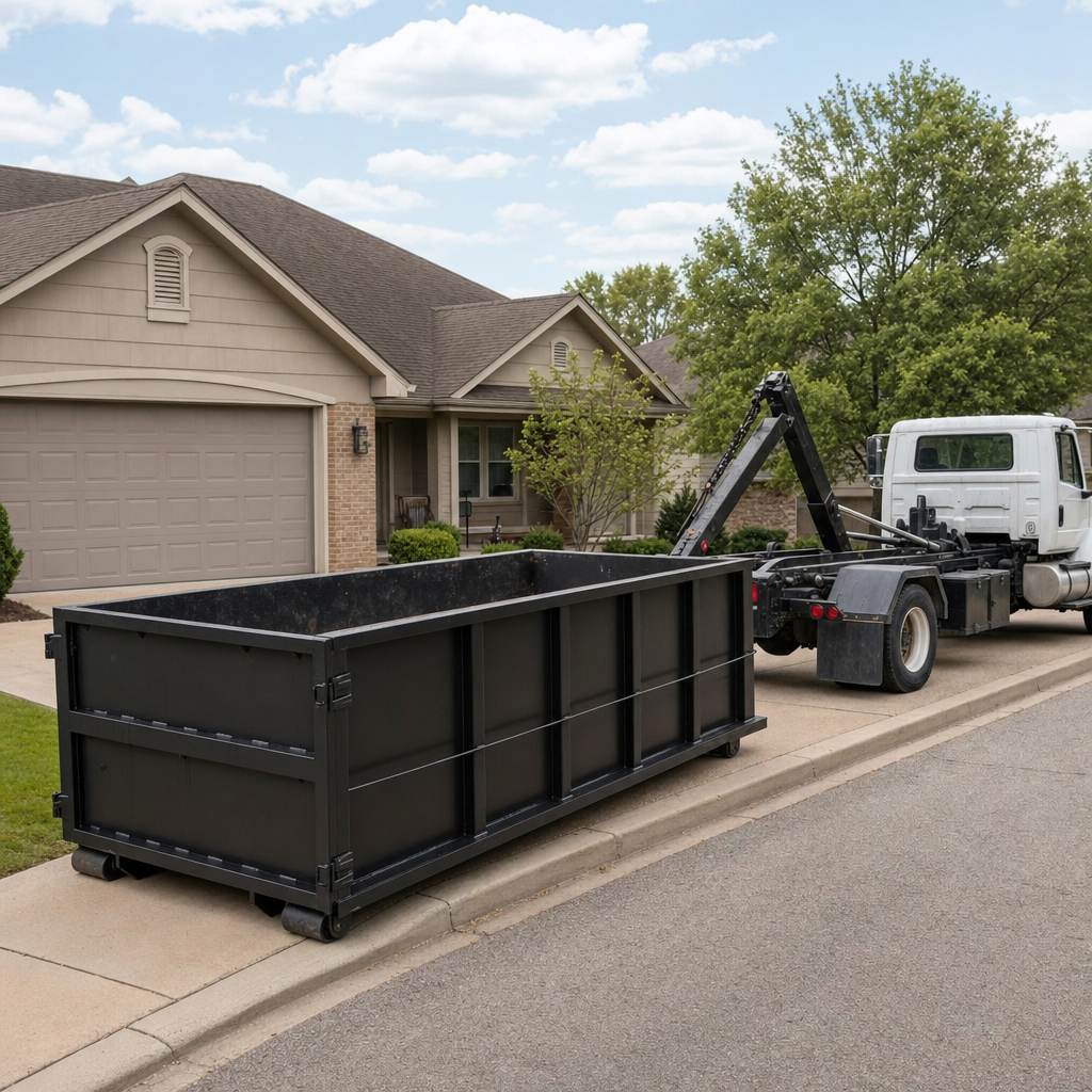 Wide documentary shot of a matte-black roll-off dumpster on a Syracuse residential driveway in the foreground and a contractor jobsite container in the soft-focus background, bright daylight, calm and orderly composition.