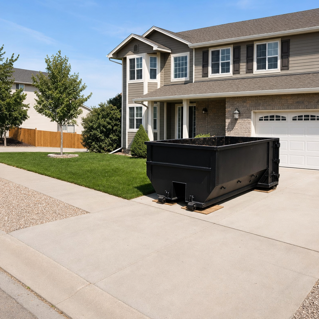 10-yard matte-black residential dumpster placed directly on a narrow Syracuse concrete driveway, room remains for a parked sedan beside it, mid-morning natural light
