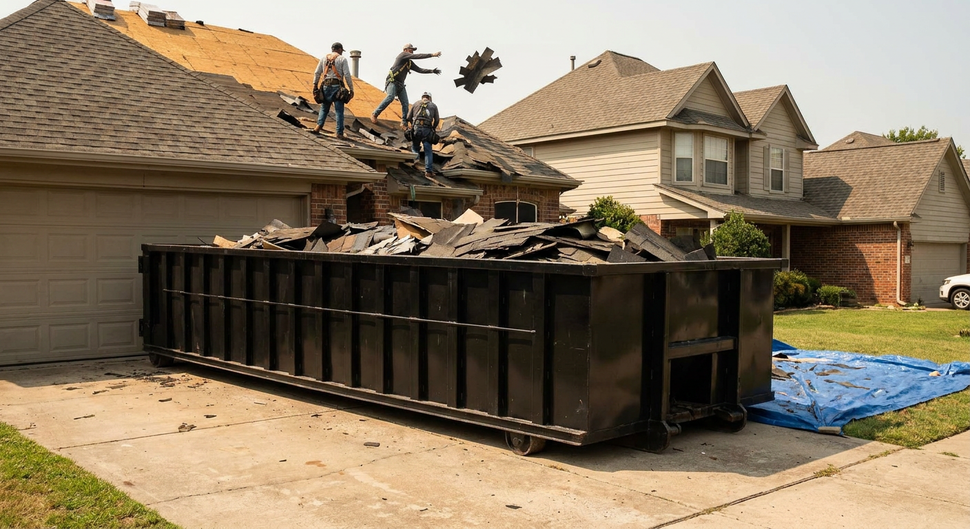 Matte-black roofing roll-off dumpster placed directly on a Syracuse residential concrete driveway, a tear-off crew on a two-story asphalt-shingle roof tossing shingle bundles into the low-walled container, bright daylight, documentary 35mm perspective.