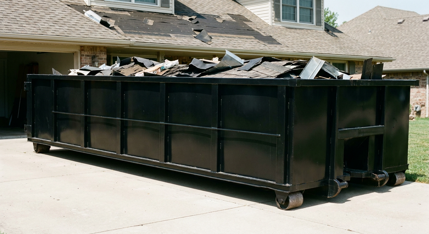 Matte-black 20-yard roofing roll-off dumpster with steel ribbed sides and swinging rear door, sitting directly on the concrete driveway of a two-story Syracuse home, asphalt shingle debris being loaded over the low wall, clean documentary lighting.
