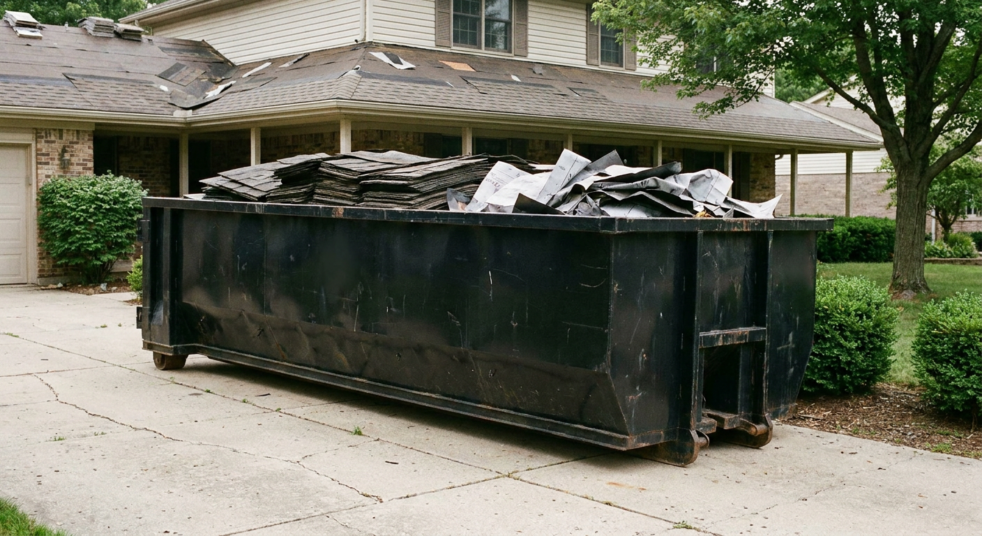 Matte-black 30-yard roofing roll-off dumpster sitting directly on a Syracuse concrete driveway, taller ribbed steel side panels, mixed tear-off debris of asphalt shingles and underlayment inside, professional documentary daylight.