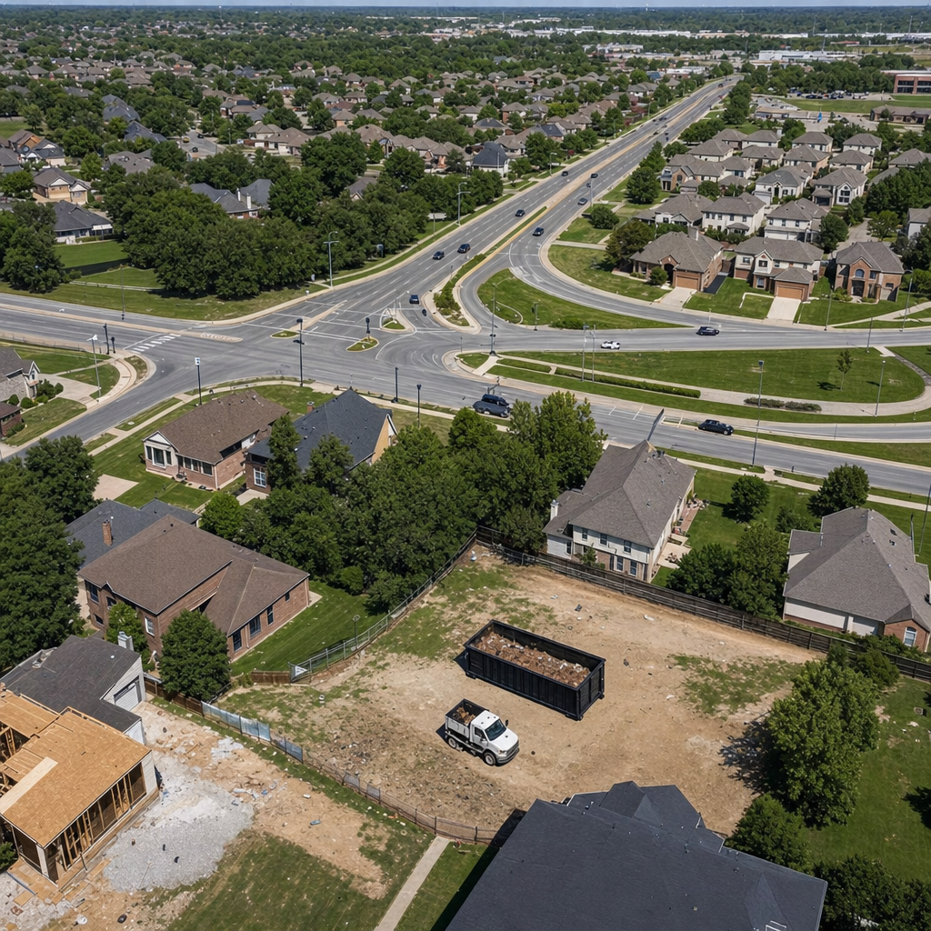 An overhead documentary view of the Syracuse metro area at midday, showing the spread of neighborhoods, arterial roads, and the dispatch radius from a central yard — clean daylight, organized geographic layout.