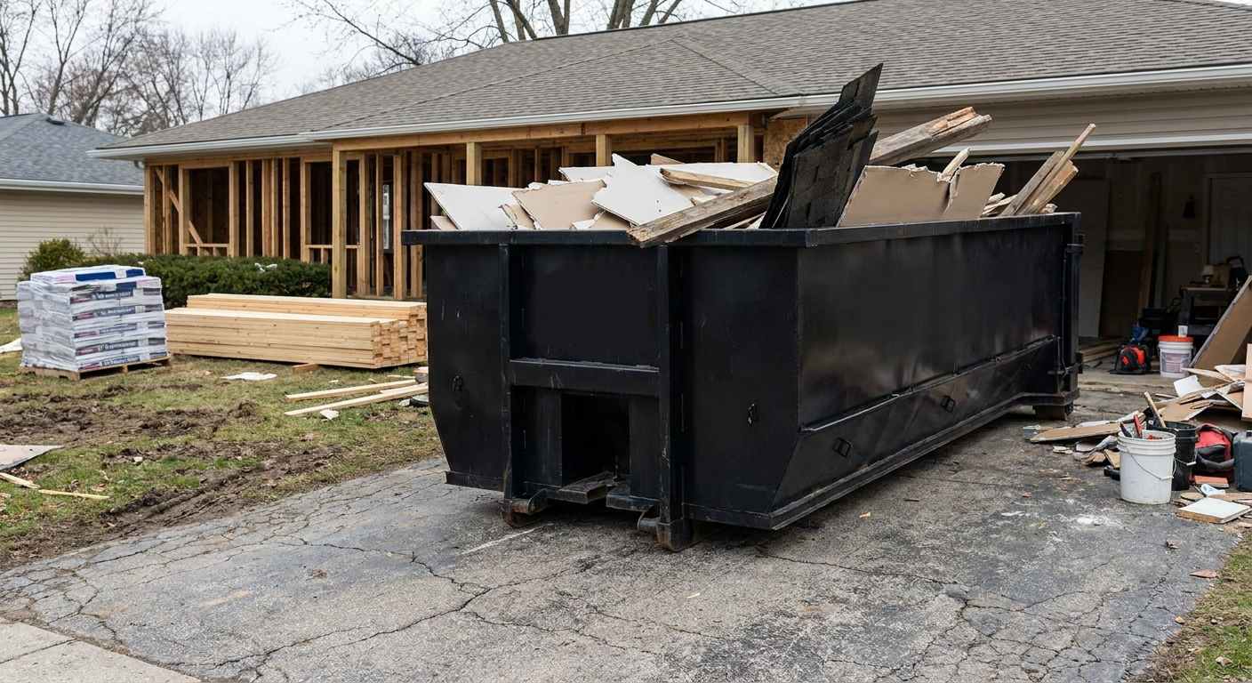 A matte-black 20-yard roll-off dumpster placed alongside a mid-renovation Syracuse home directly on the asphalt driveway, with framing materials and torn-off shingles staged neatly nearby.