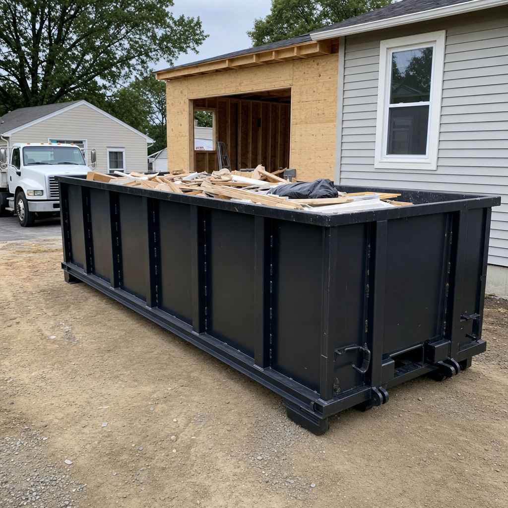 A matte-black 30-yard roll-off dumpster positioned at a Syracuse residential addition jobsite, with framing lumber and drywall scraps loaded through the open swinging rear doors.