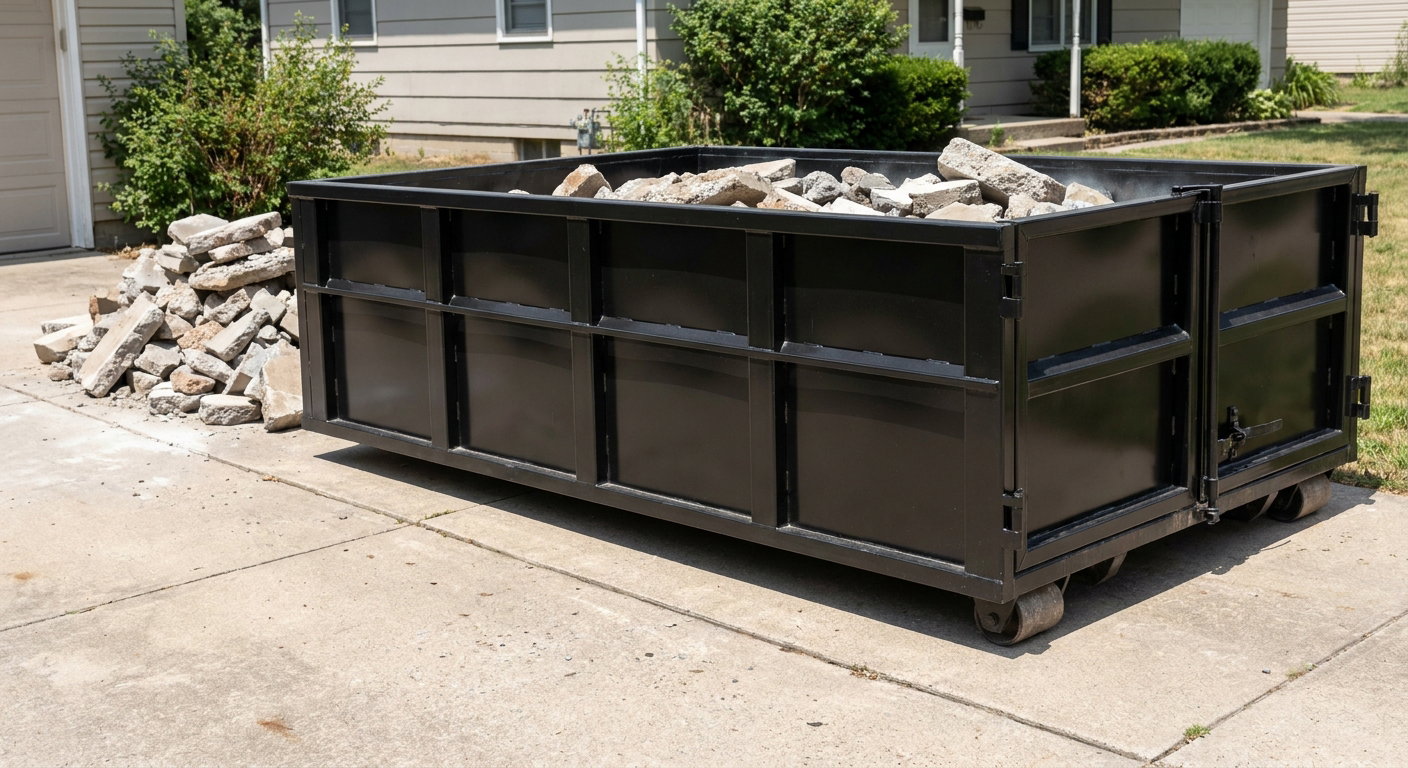 A matte-black low-side heavy-debris roll-off dumpster placed directly on a Syracuse concrete driveway, with broken concrete chunks neatly stacked beside it under clean daylight.